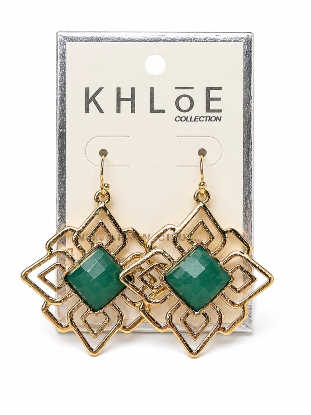 Khloe Collection Gold Geometric Green Statement Earrings Boho NWT Boutique Chic